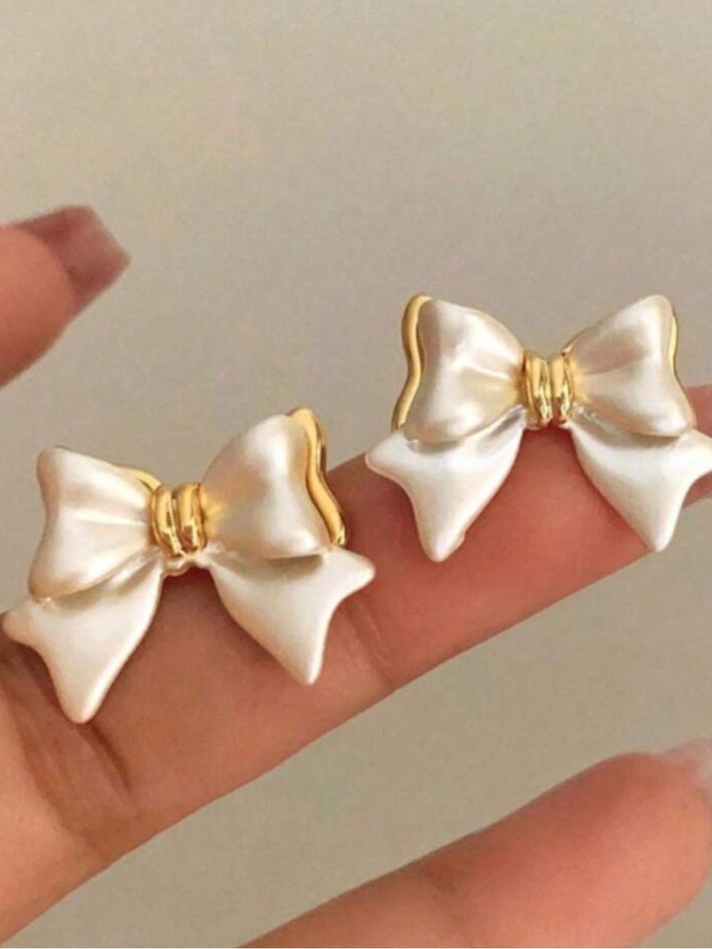 Pearl White Bow Stud Earrings with Gold Trim - Women Accessories